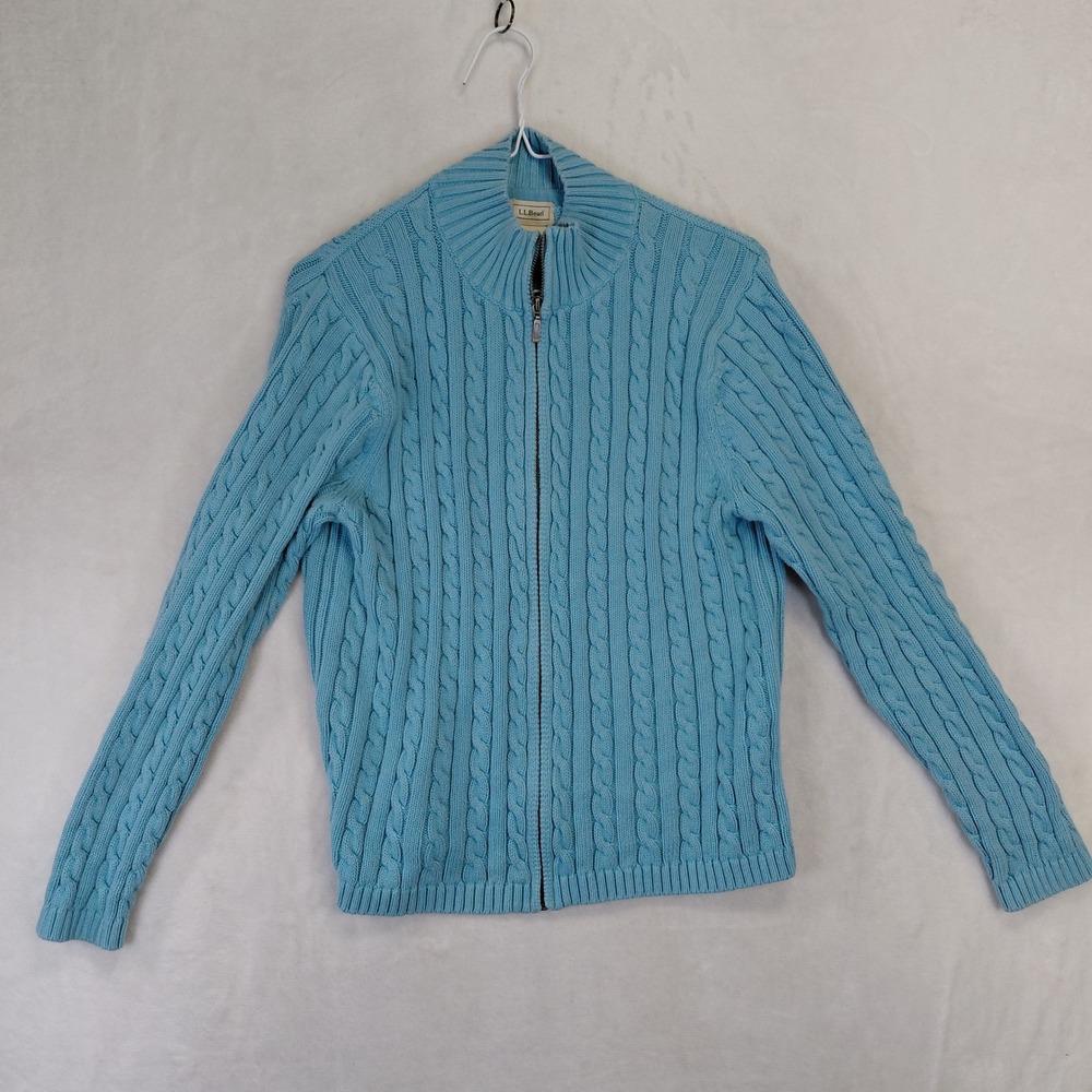 LL Bean Womens Blue Cable Knit Full Zip Cotton Cardigan Sweater Size Medium M